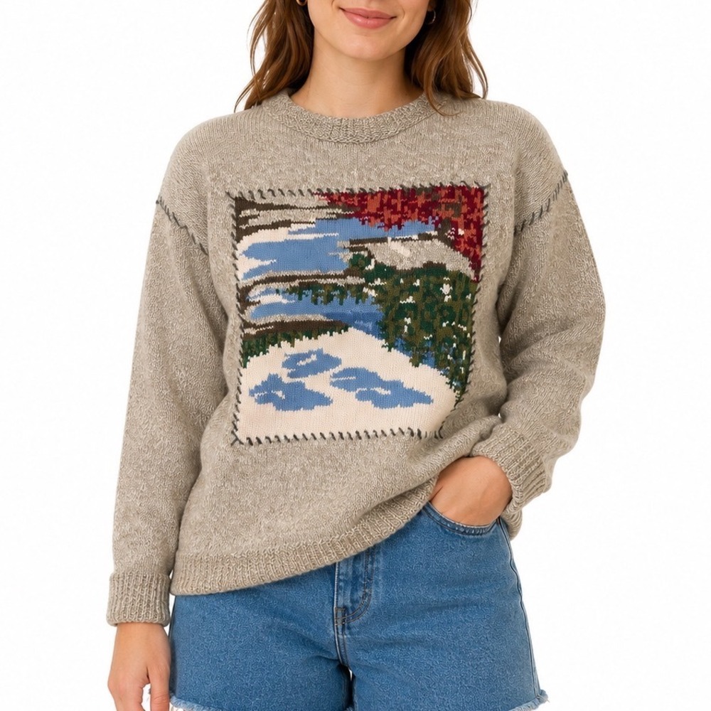 Vintage 90s Lizsport Petite Oatmeal Landscape Knit Sweater Size Small Outdoor